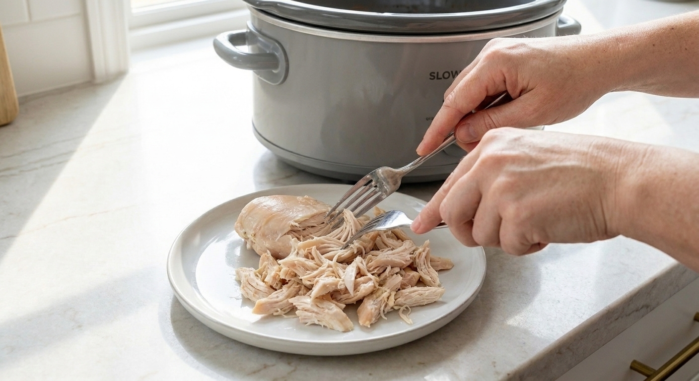 Hands shredding tender cooked chicken with two forks on a white plate beside a slow cooker