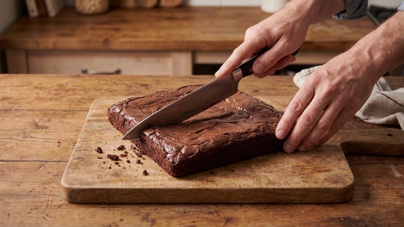 Hands slicing a cooled slab of brownies on a cutting board with a large chef's knife