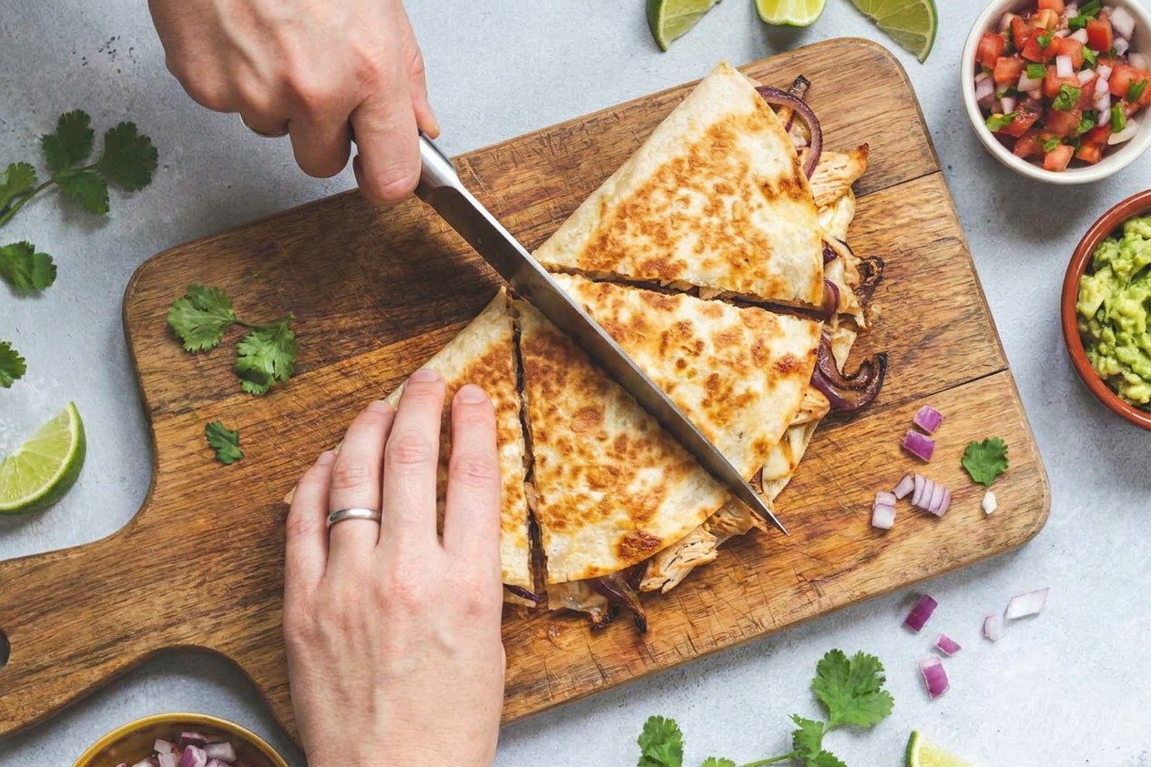 Hands slicing a crispy quesadilla into wedges on a wooden cutting board with a chef's knife