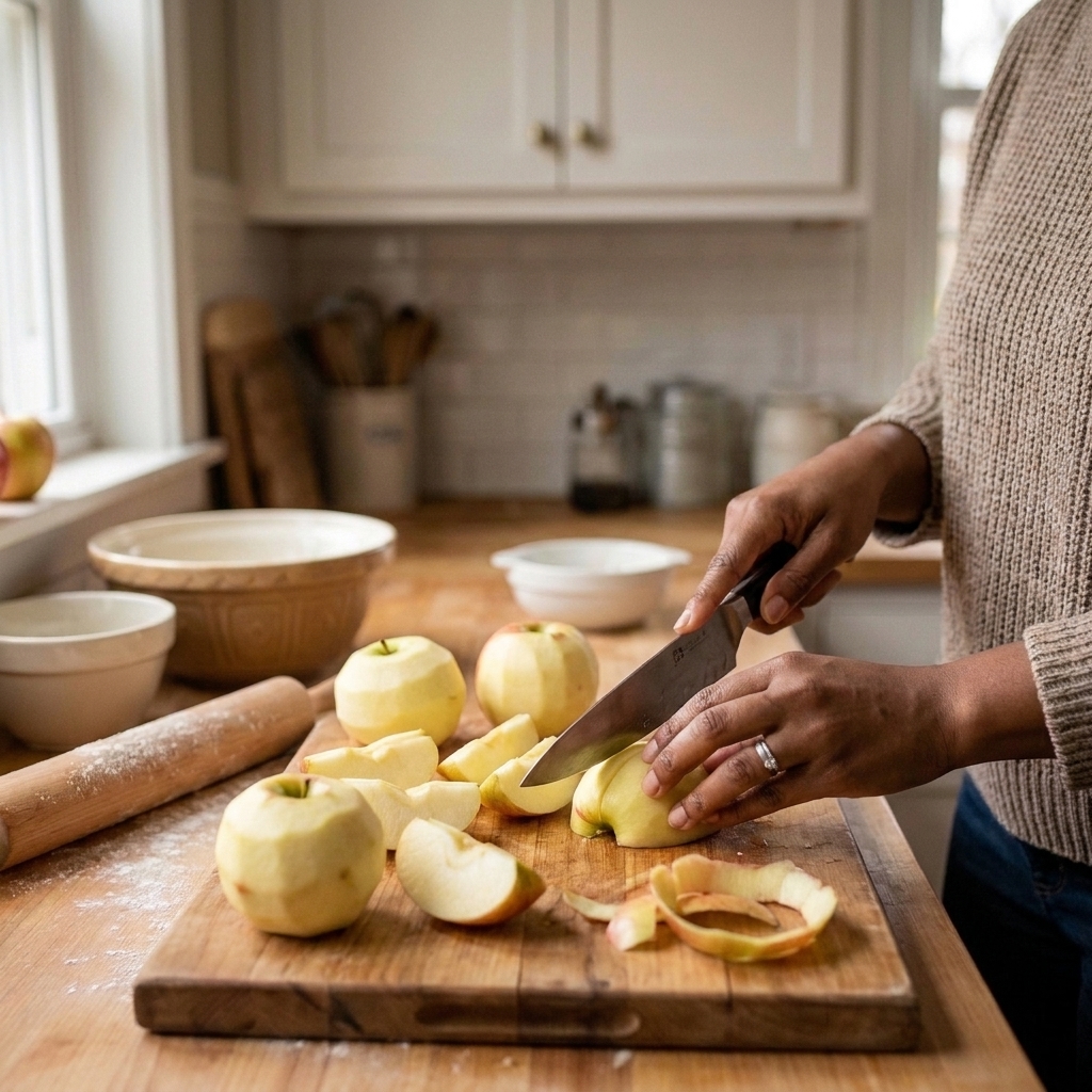 Hands slicing peeled apples into even wedges on a wooden cutting board with a chef's knife in a bright home kitchen