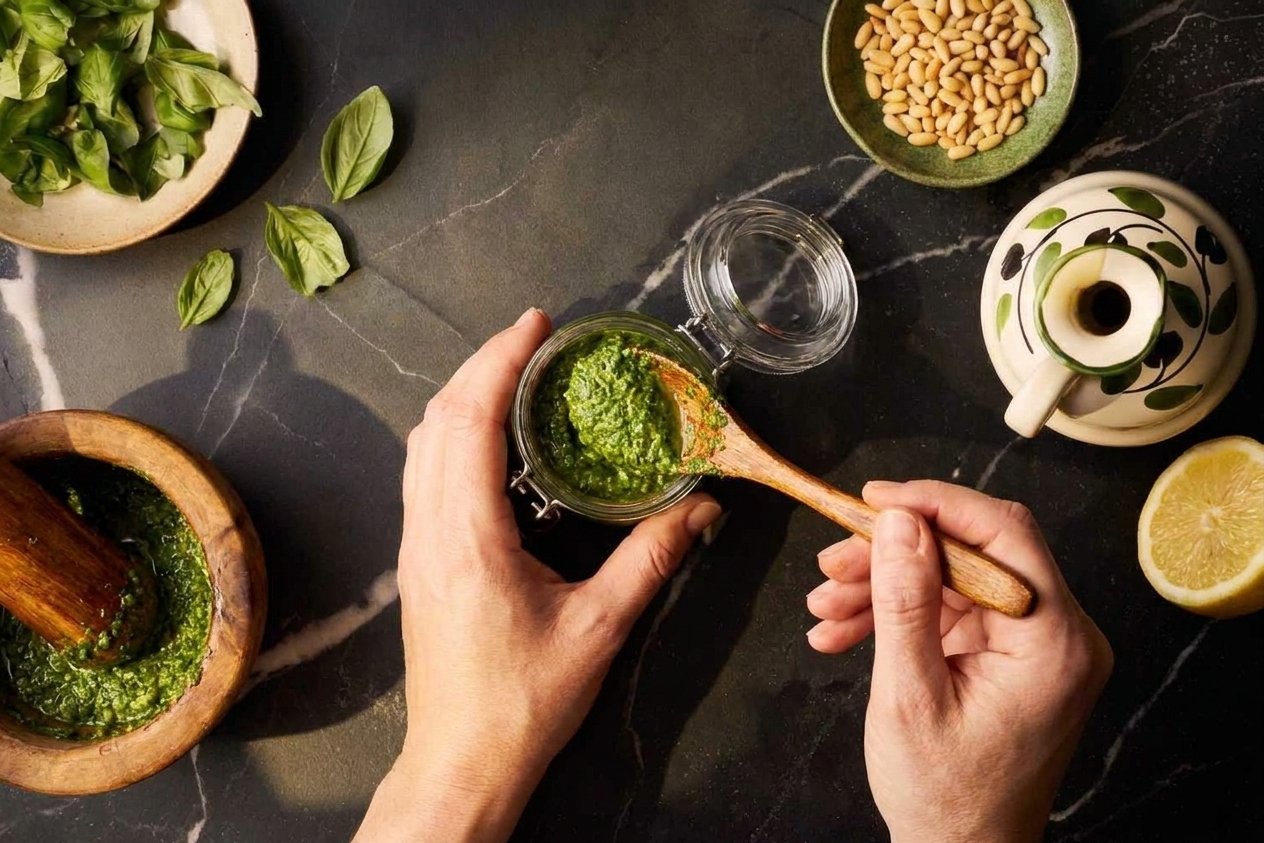 Hands spooning fresh basil pesto into a small glass jar on a kitchen counter, with basil leaves scattered nearby