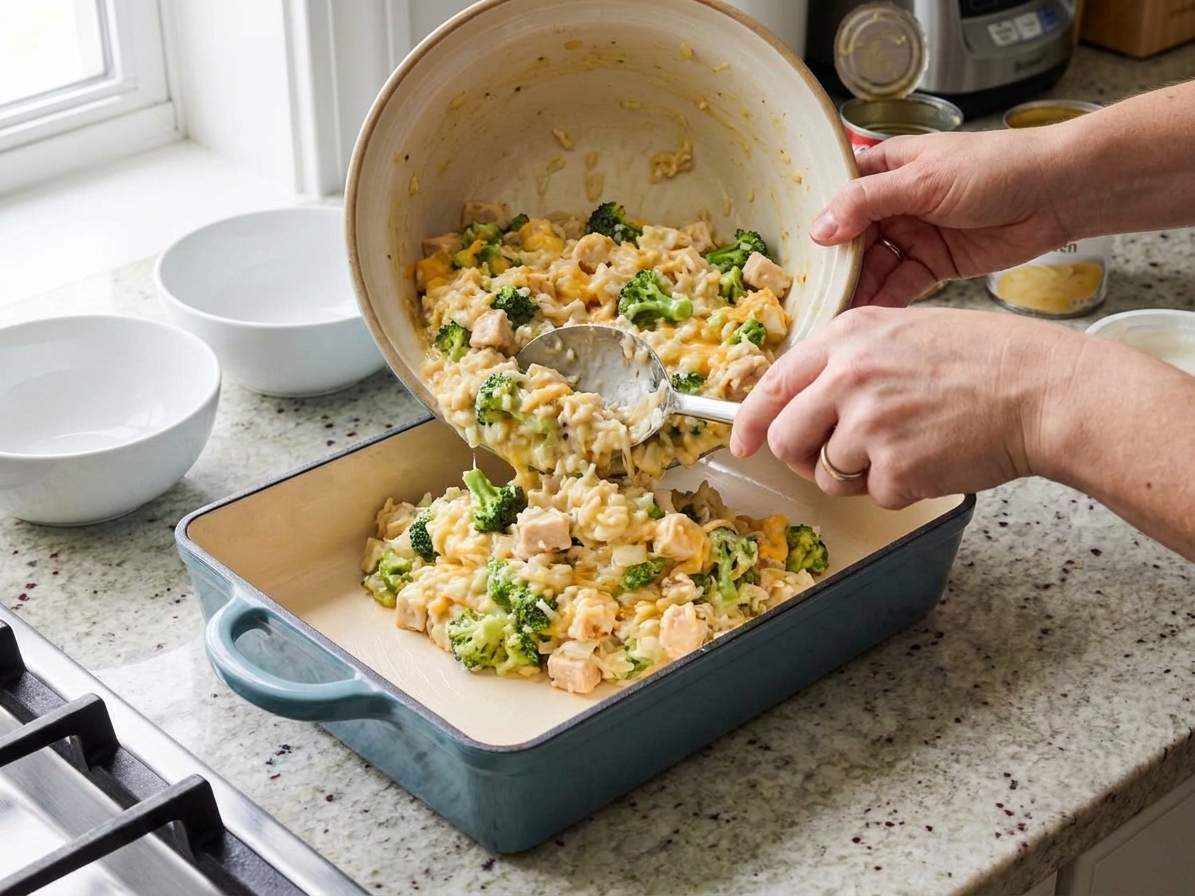 Hands spooning the broccoli rice chicken mixture into a greased baking dish on a kitchen counter