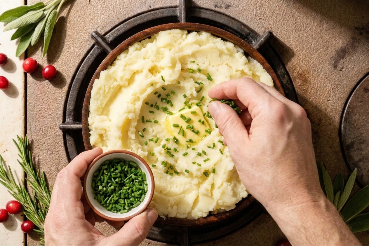 Hands sprinkling chopped chives over a bowl of mashed potatoes on a kitchen counter