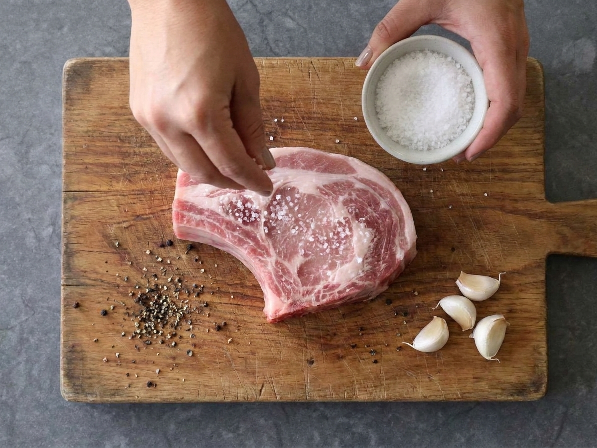Hands sprinkling kosher salt over a thick pork chop on a cutting board with cracked pepper and garlic cloves nearby