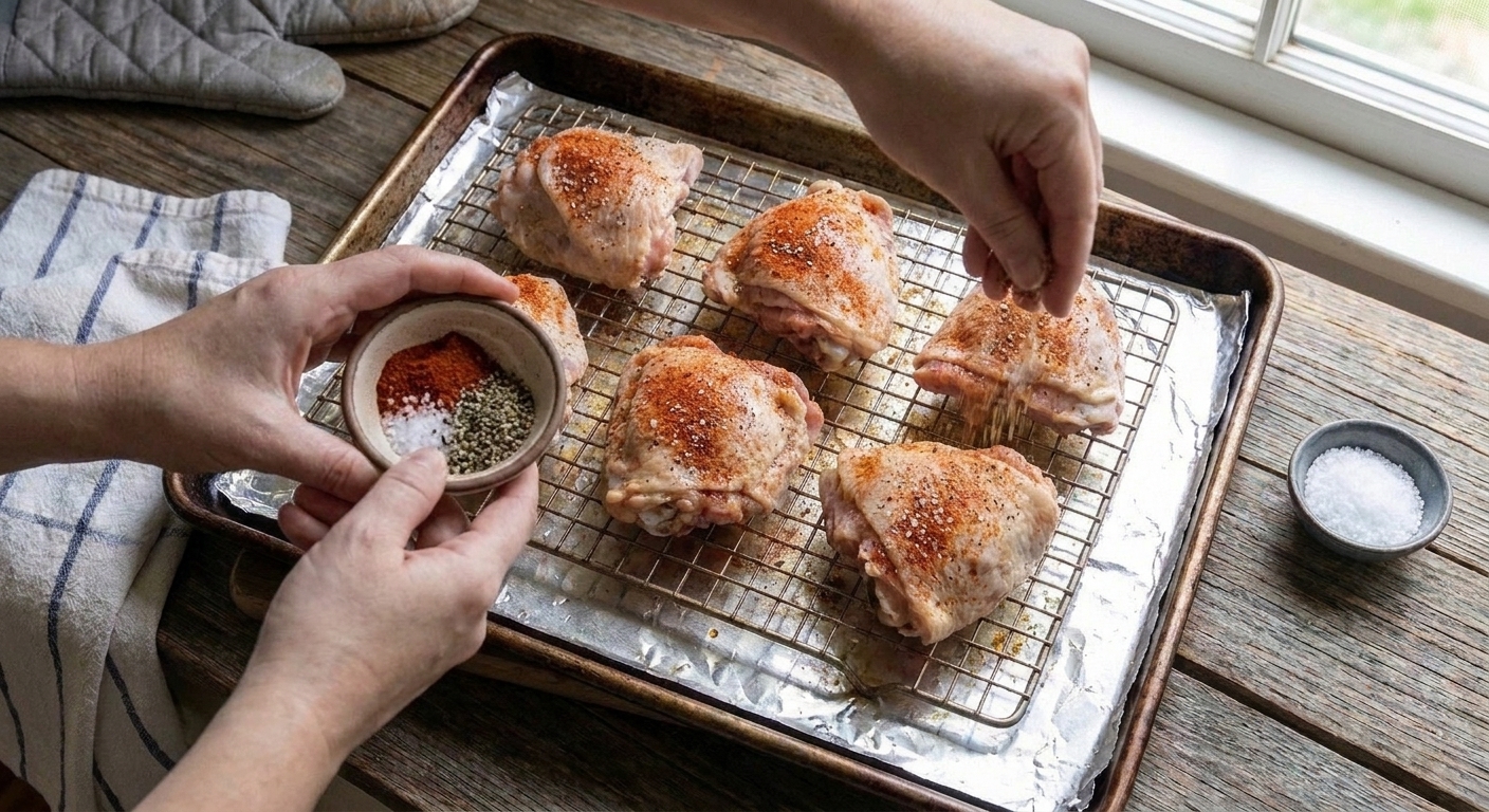 Hands sprinkling seasoning over chicken thighs on a sheet pan on a home kitchen counter