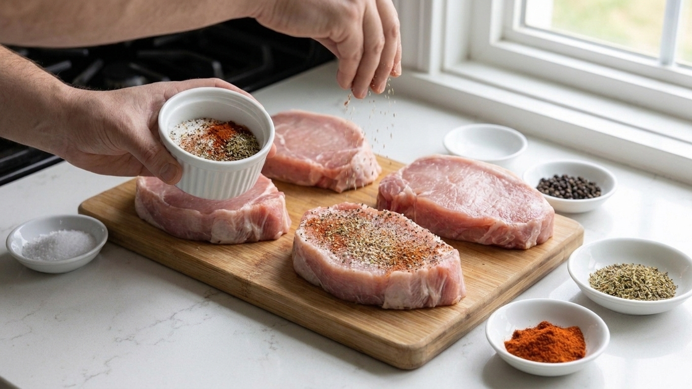 Hands sprinkling seasoning over raw pork chops on a cutting board, with small bowls of spices nearby
