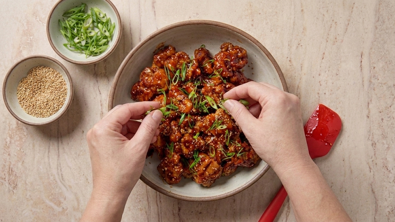 Hands sprinkling sliced scallions and sesame seeds over a bowl of saucy crispy chicken on a kitchen counter