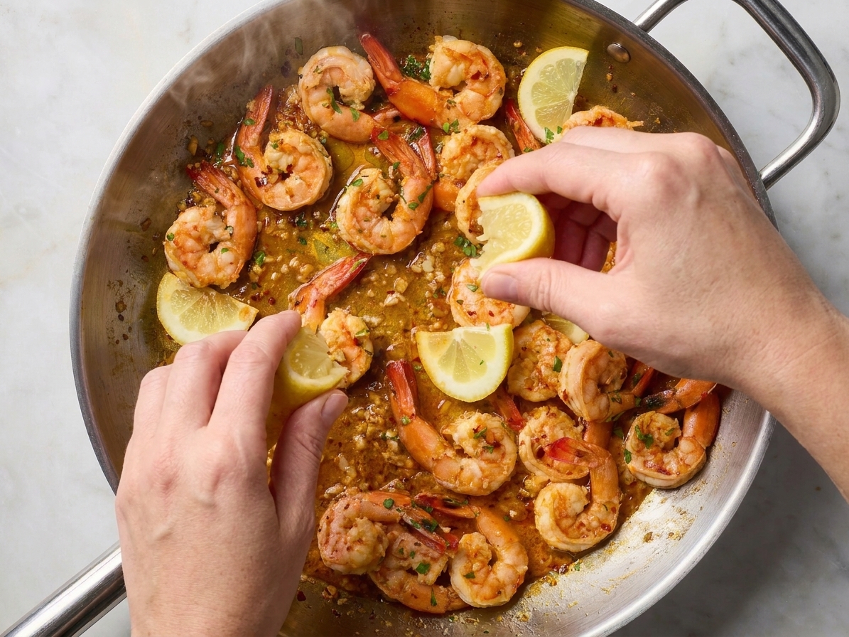 Hands squeezing a lemon wedge over cooked shrimp in a skillet, with steam rising