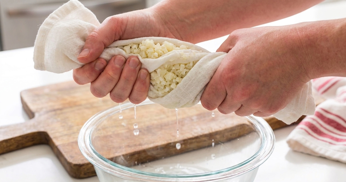 Hands squeezing steamed cauliflower rice in a clean kitchen towel over a bowl to remove excess moisture
