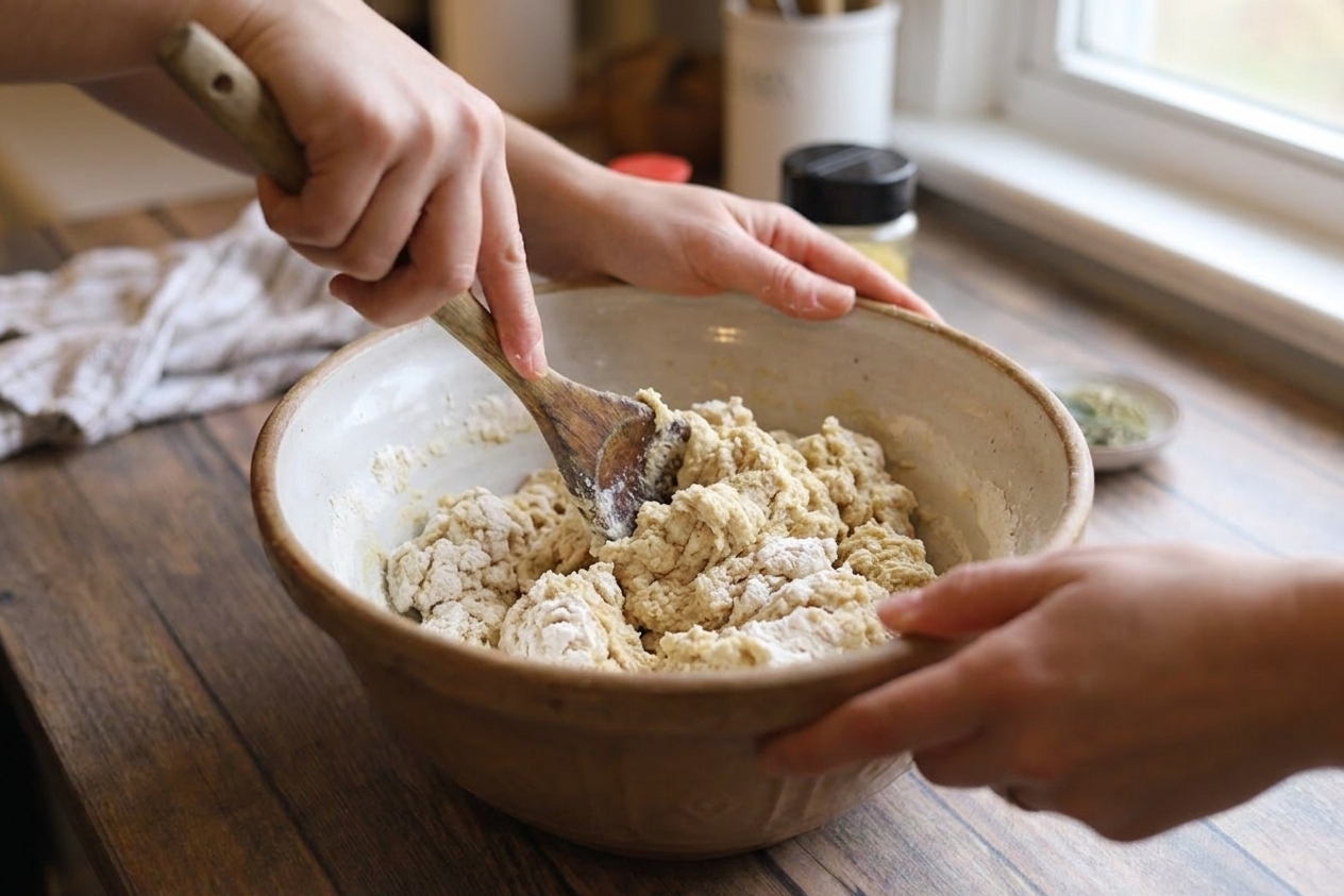 Hands stirring a shaggy seitan dough in a large mixing bowl with a wooden spoon on a home kitchen counter