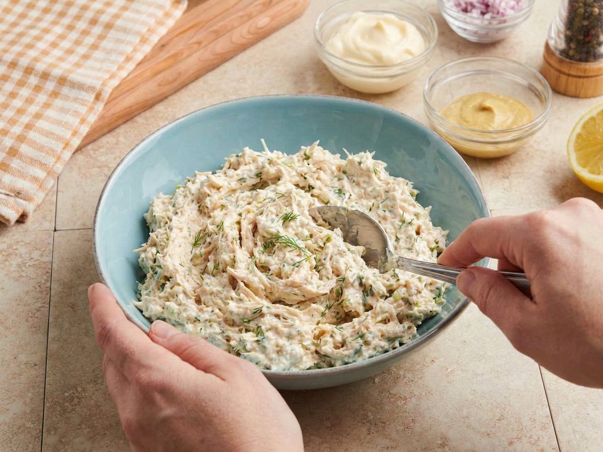 Hands stirring chopped chicken with mayonnaise, celery, and herbs in a large mixing bowl with a spoon