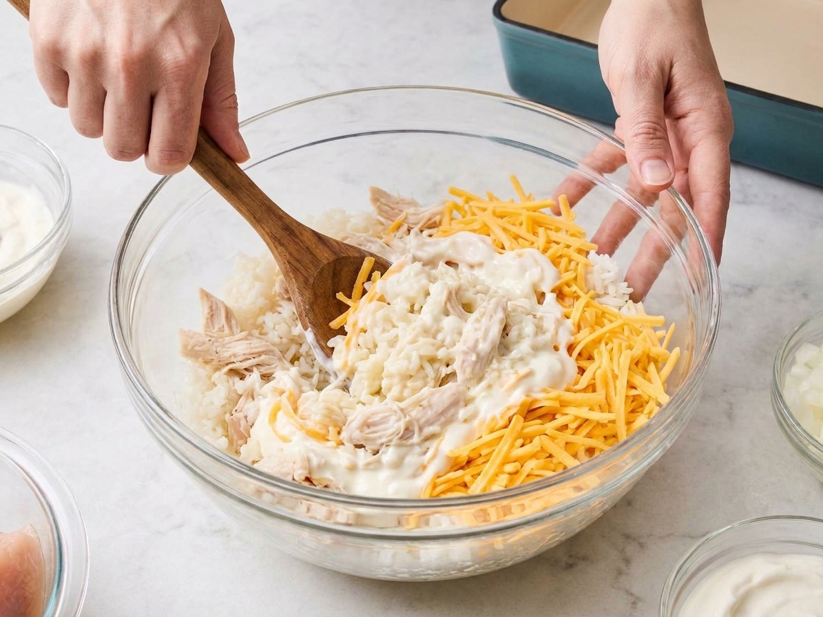Hands stirring cooked rice, shredded chicken, creamy sauce, and shredded cheese together in a large mixing bowl