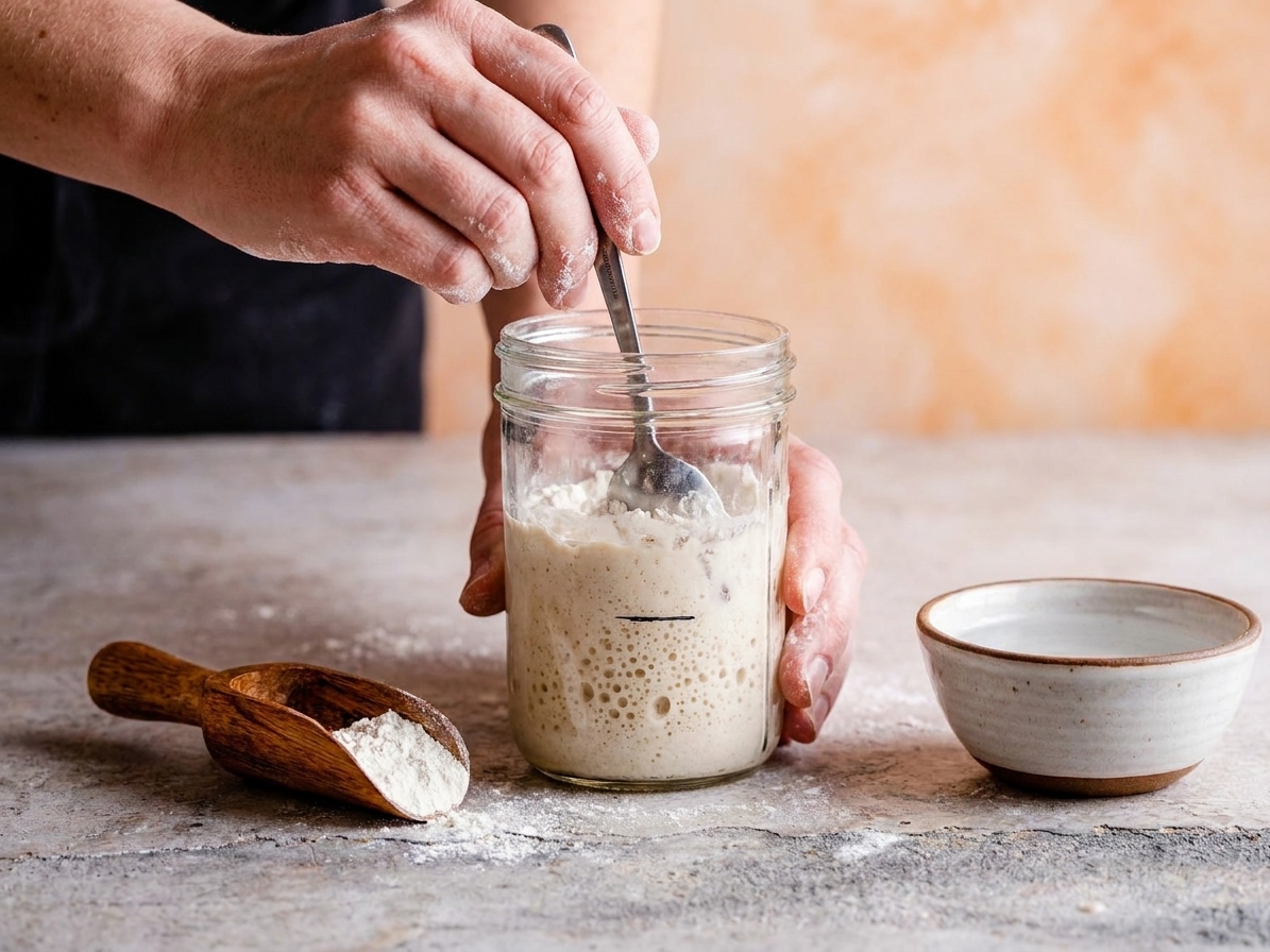 Hands stirring flour and water into a sourdough starter in a wide-mouth glass jar on a kitchen counter