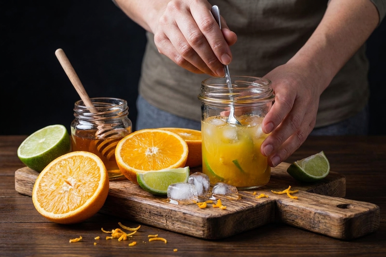 Hands stirring orange and lime juice with honey in a glass jar on a kitchen counter with a spoon and ice nearby