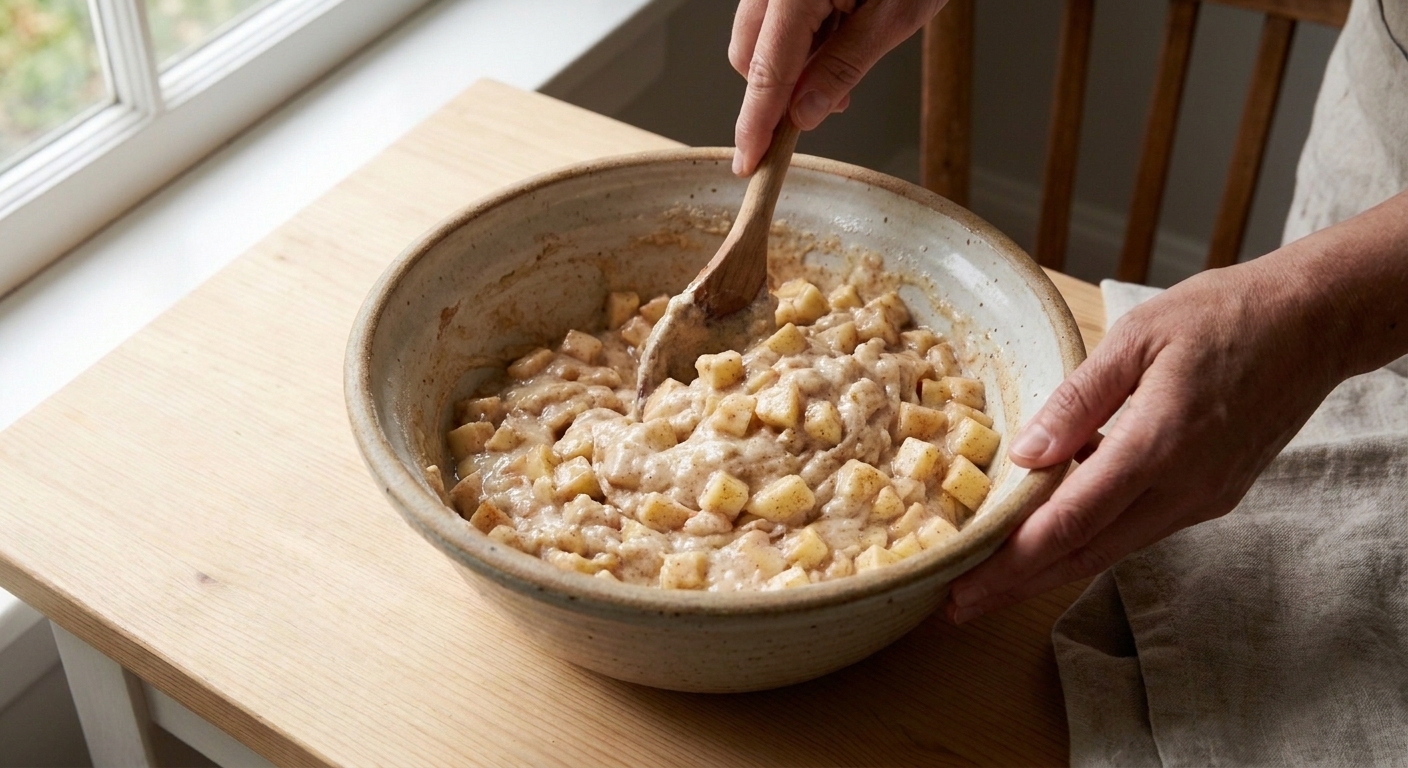 Hands stirring thick apple fritter batter in a large mixing bowl with diced apples visible throughout