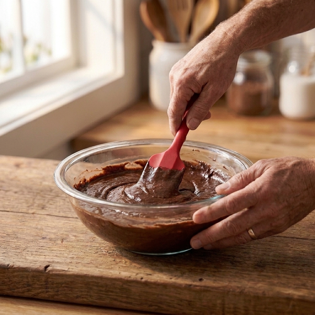 Hands stirring thick chocolate brownie batter in a glass bowl with a silicone spatula on a kitchen counter