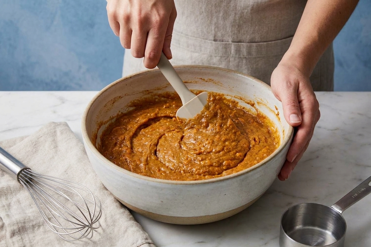 Hands stirring thick sweet potato cake batter in a large mixing bowl on a kitchen counter