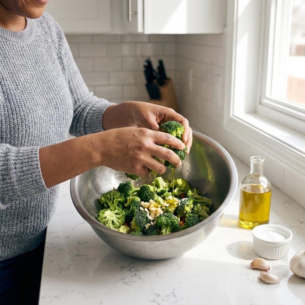 Hands tossing broccoli florets with olive oil, garlic, and salt in a mixing bowl on a kitchen counter