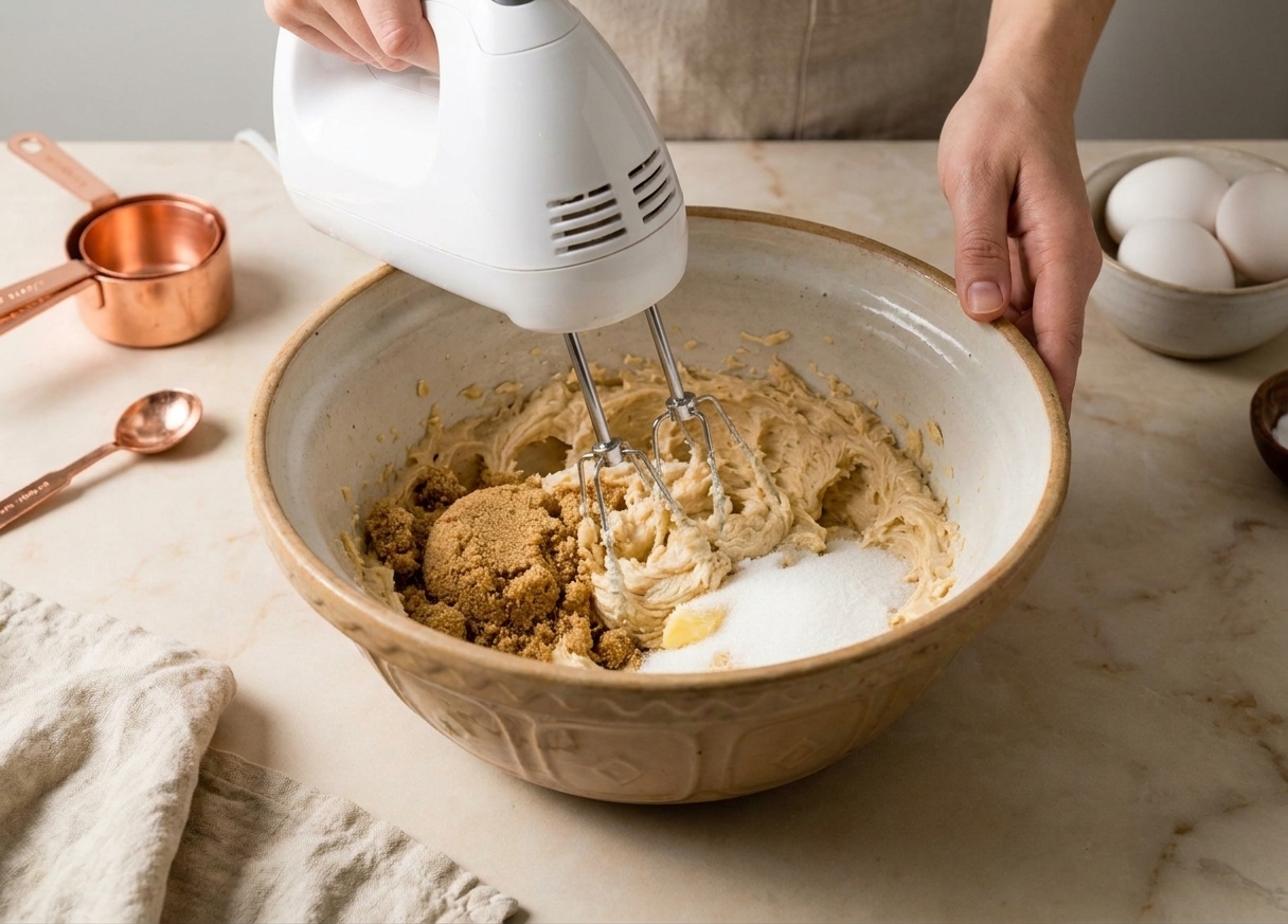 Hands using a hand mixer to cream softened butter with brown sugar and white sugar in a large mixing bowl