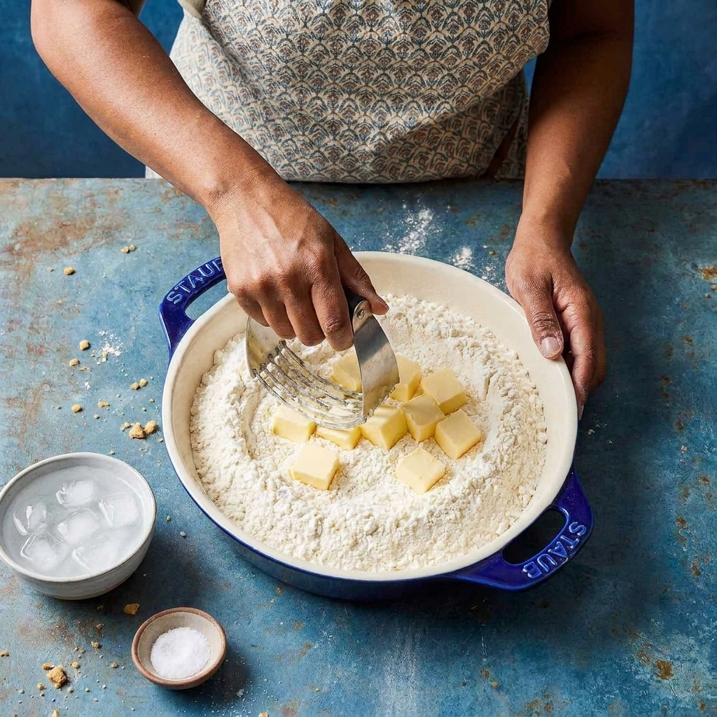 Hands using a pastry cutter to cut cold butter into flour in a large mixing bowl