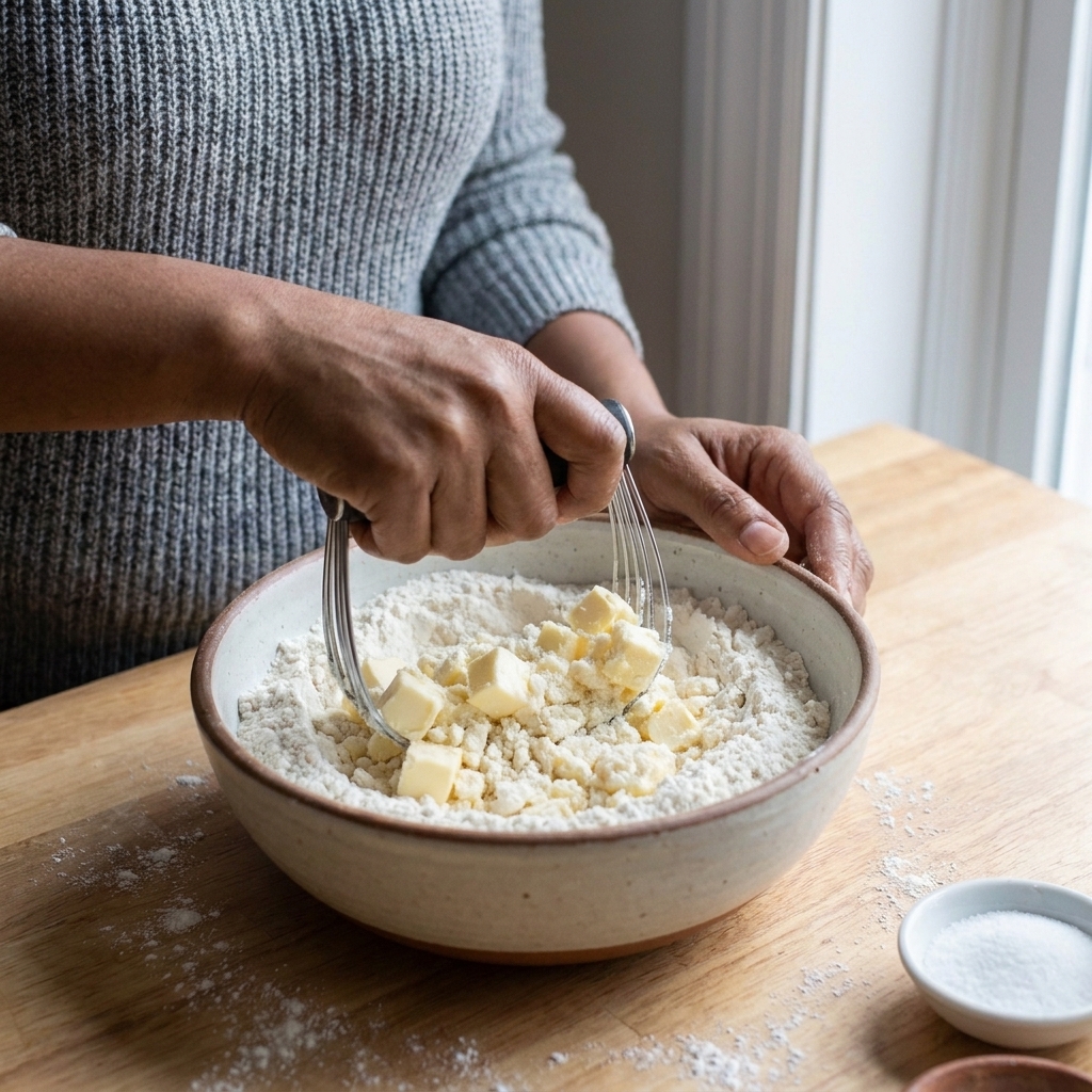 Hands using a pastry cutter to work cold butter into flour in a large mixing bowl on a kitchen counter