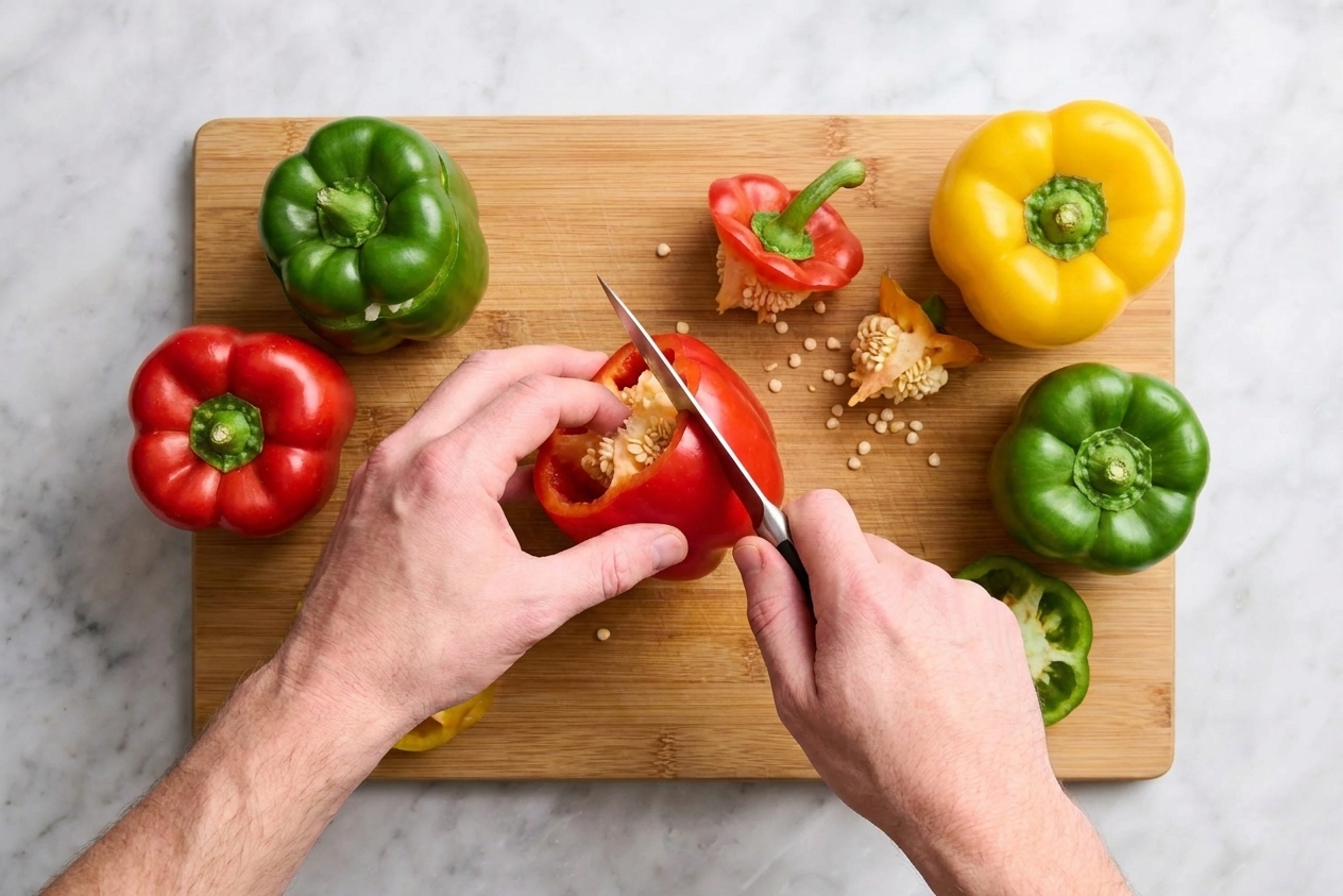 Hands using a small knife to cut the tops off bell peppers and remove seeds over a cutting board