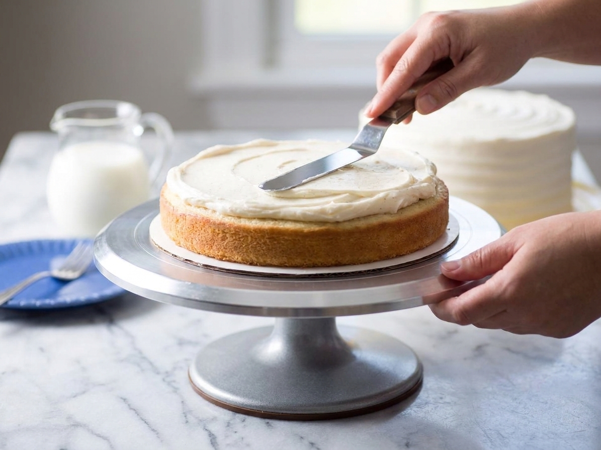 Hands using an offset spatula to spread vanilla frosting over the top of a cake layer on a rotating cake stand