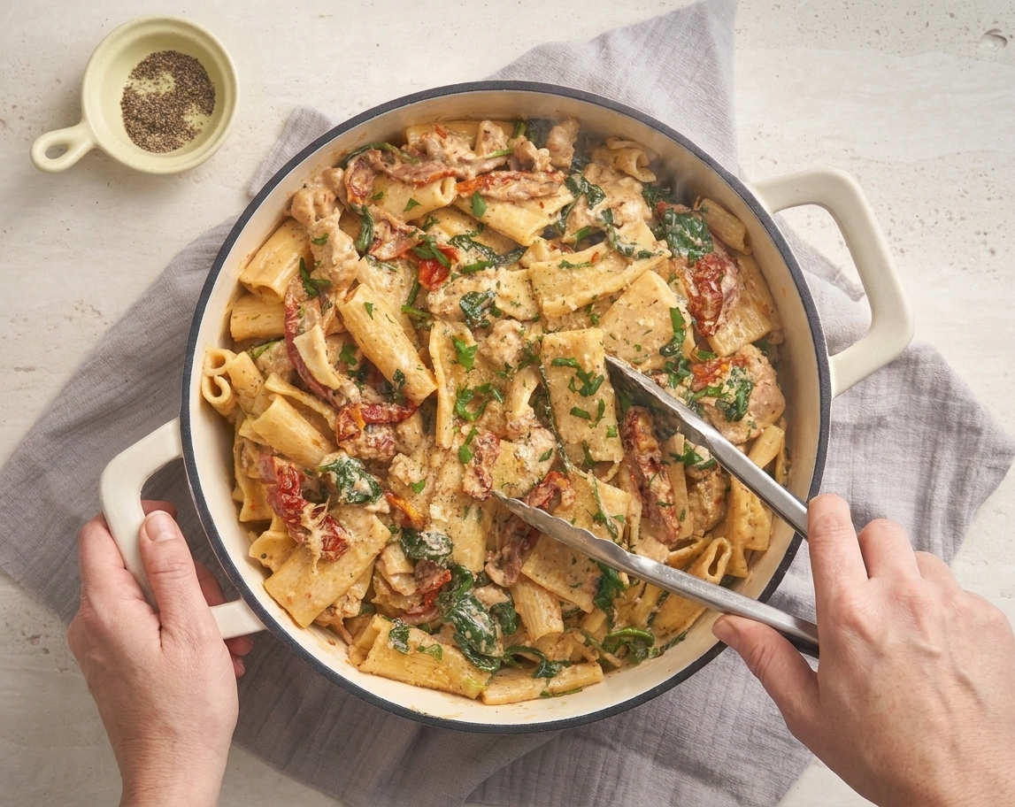 Hands using tongs to toss pasta in a creamy skillet sauce with spinach and sun-dried tomatoes