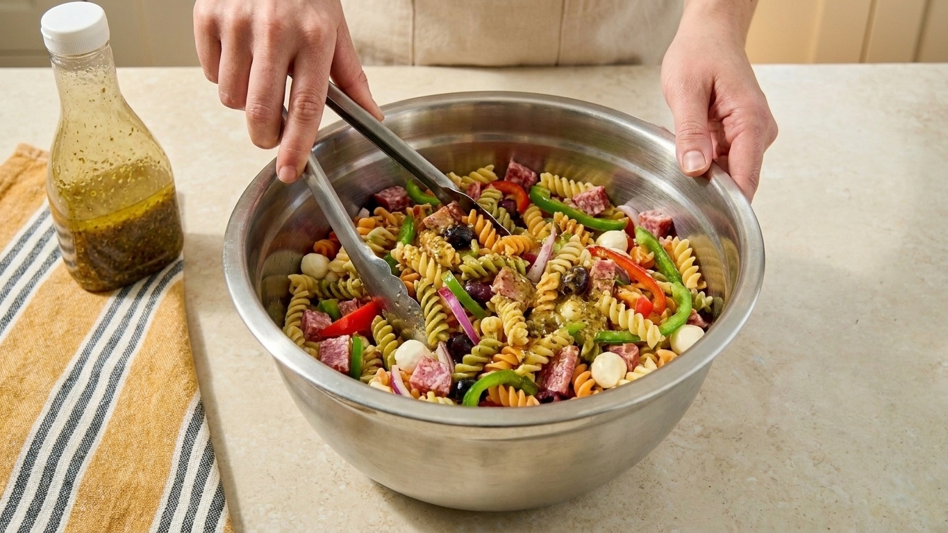 Hands using tongs to toss rotini pasta with Italian dressing in a large stainless steel mixing bowl on a kitchen counter