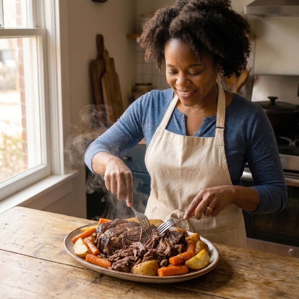Hands using two forks to shred a tender beef pot roast on a serving platter with carrots and potatoes nearby