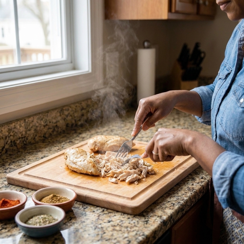 Hands using two forks to shred warm cooked chicken on a cutting board