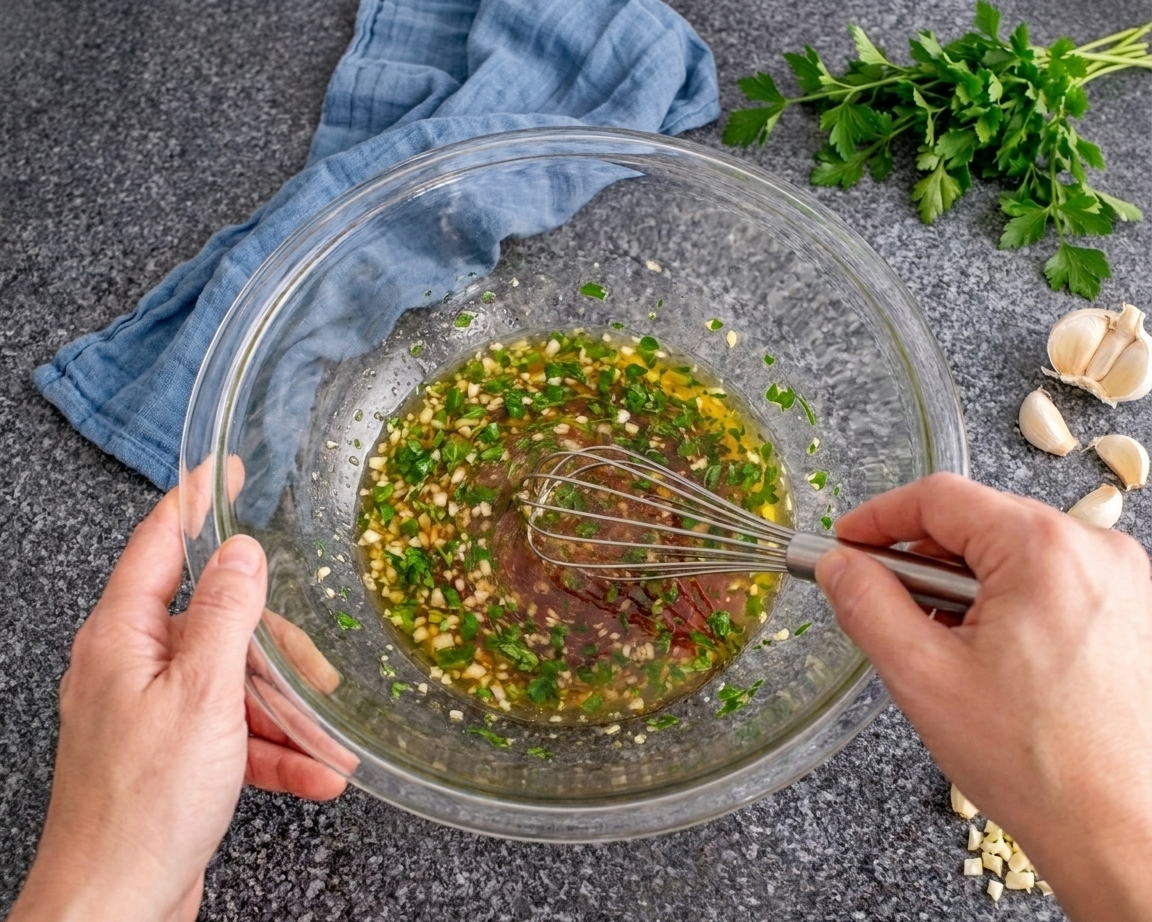 Hands whisking a garlicky vinaigrette in a large glass bowl on a kitchen counter
