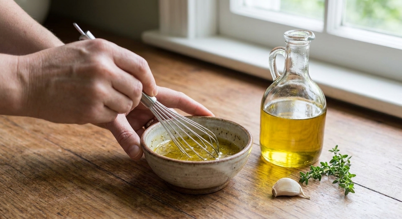 Hands whisking a golden vinaigrette in a small ceramic bowl on a kitchen counter, with a bottle of olive oil nearby