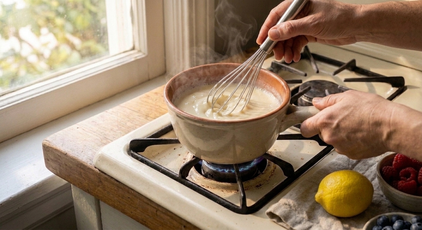 Hands whisking a thickened condensed milk mixture in a small saucepan on the stove