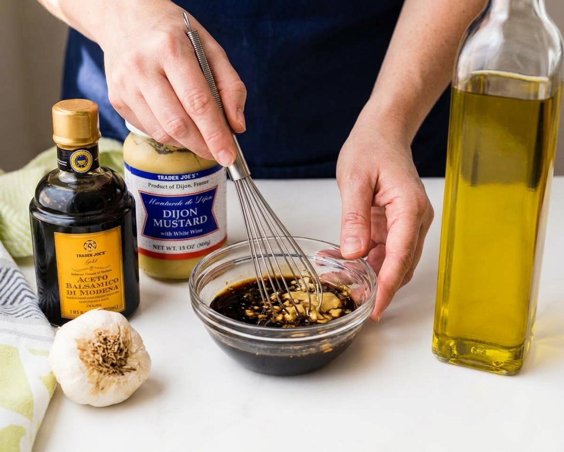 Hands whisking balsamic vinegar, Dijon mustard, honey, and garlic in a small bowl before adding olive oil