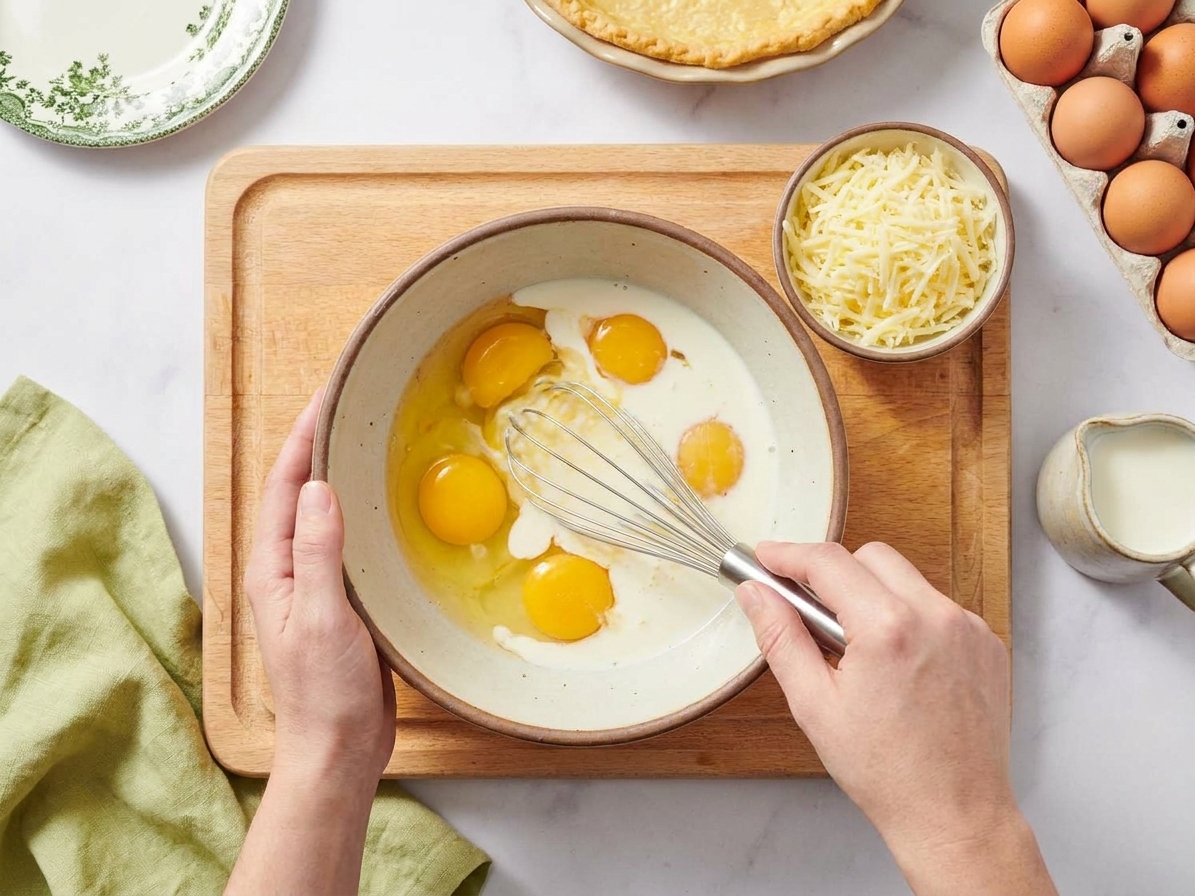 Hands whisking eggs and cream in a large bowl on a kitchen counter, with shredded cheese nearby