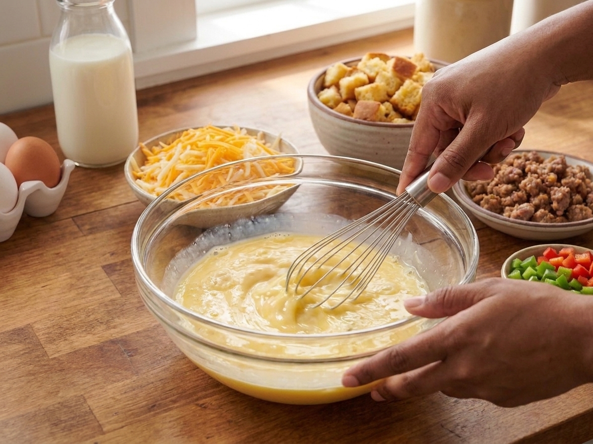 Hands whisking eggs and milk in a glass mixing bowl on a kitchen counter