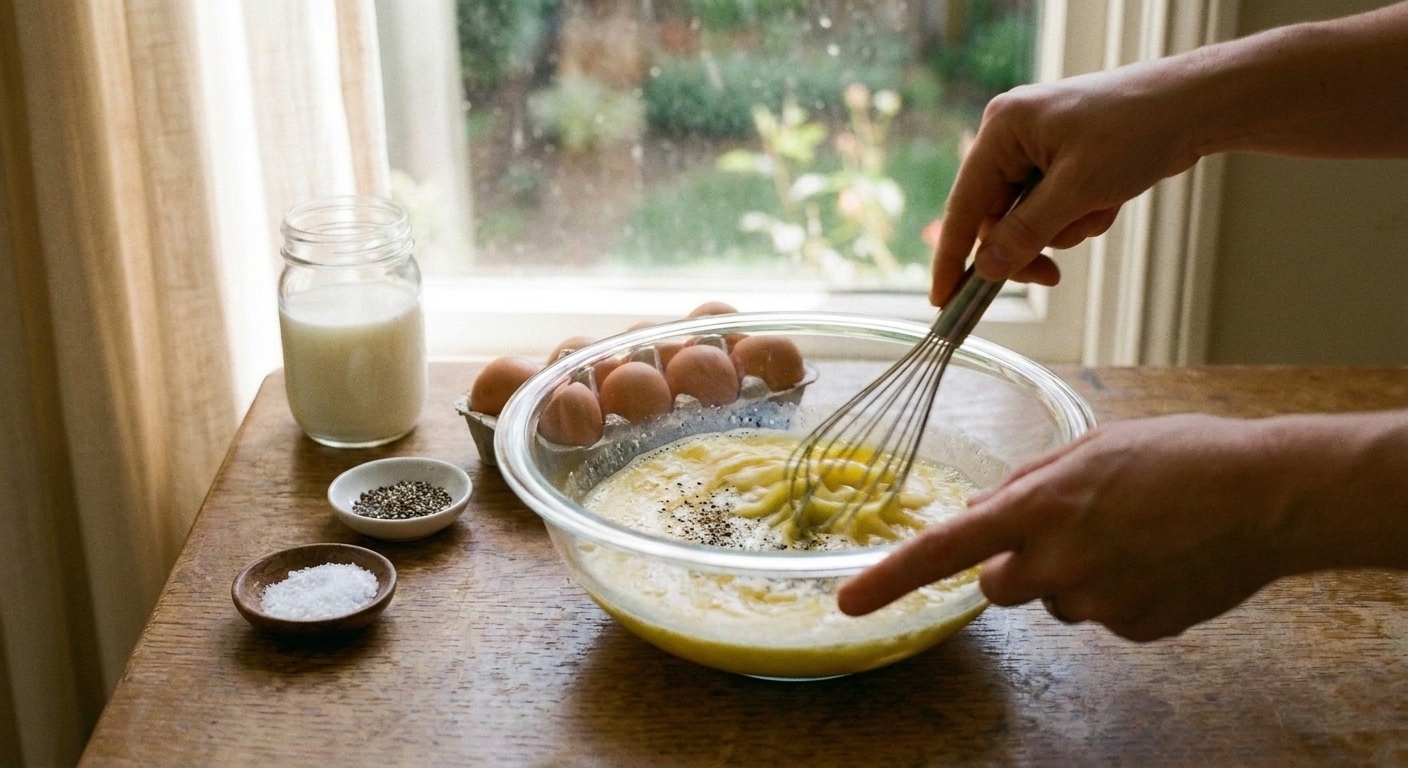 Hands whisking eggs with milk and seasonings in a large glass bowl on a home kitchen counter