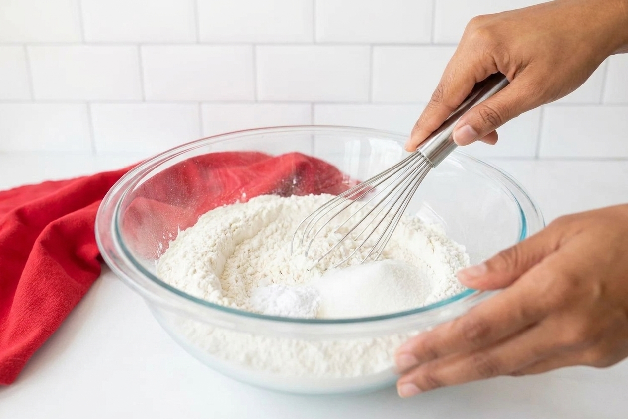 Hands whisking flour, sugar, baking powder, and salt together in a large mixing bowl on a kitchen counter