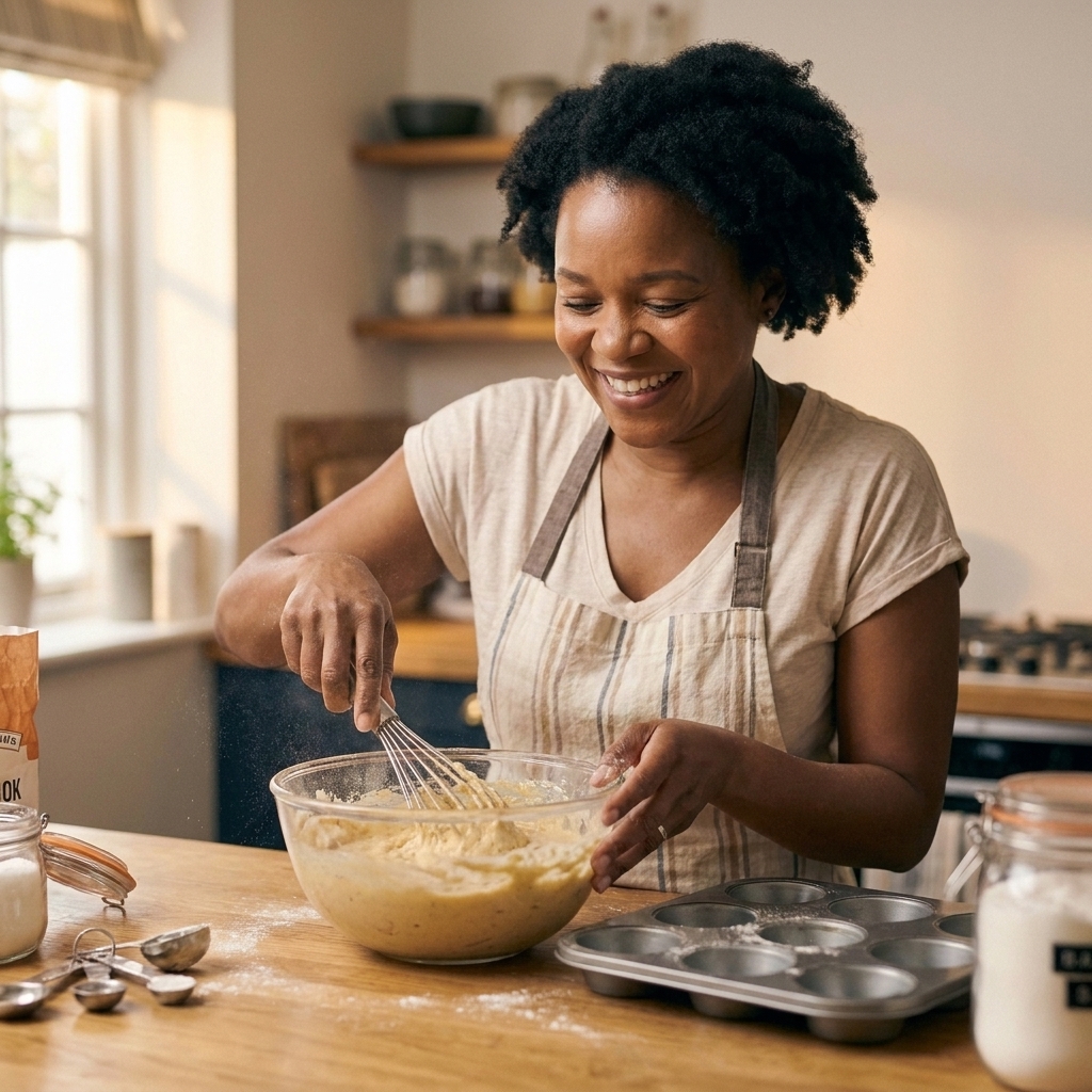 Hands whisking muffin batter in a glass mixing bowl on a kitchen counter, with a muffin tin nearby