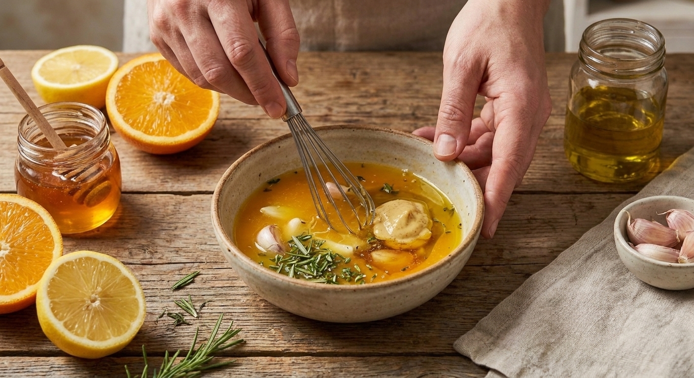 Hands whisking orange juice, lemon juice, garlic, Dijon, honey, olive oil, and herbs in a small bowl on a kitchen counter