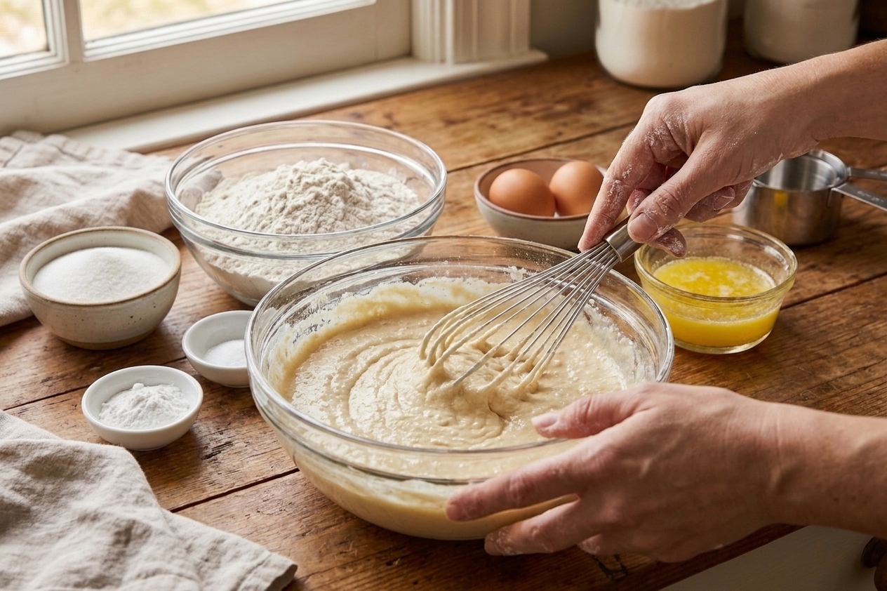 Hands whisking pancake batter in a large mixing bowl with dry ingredients in the background