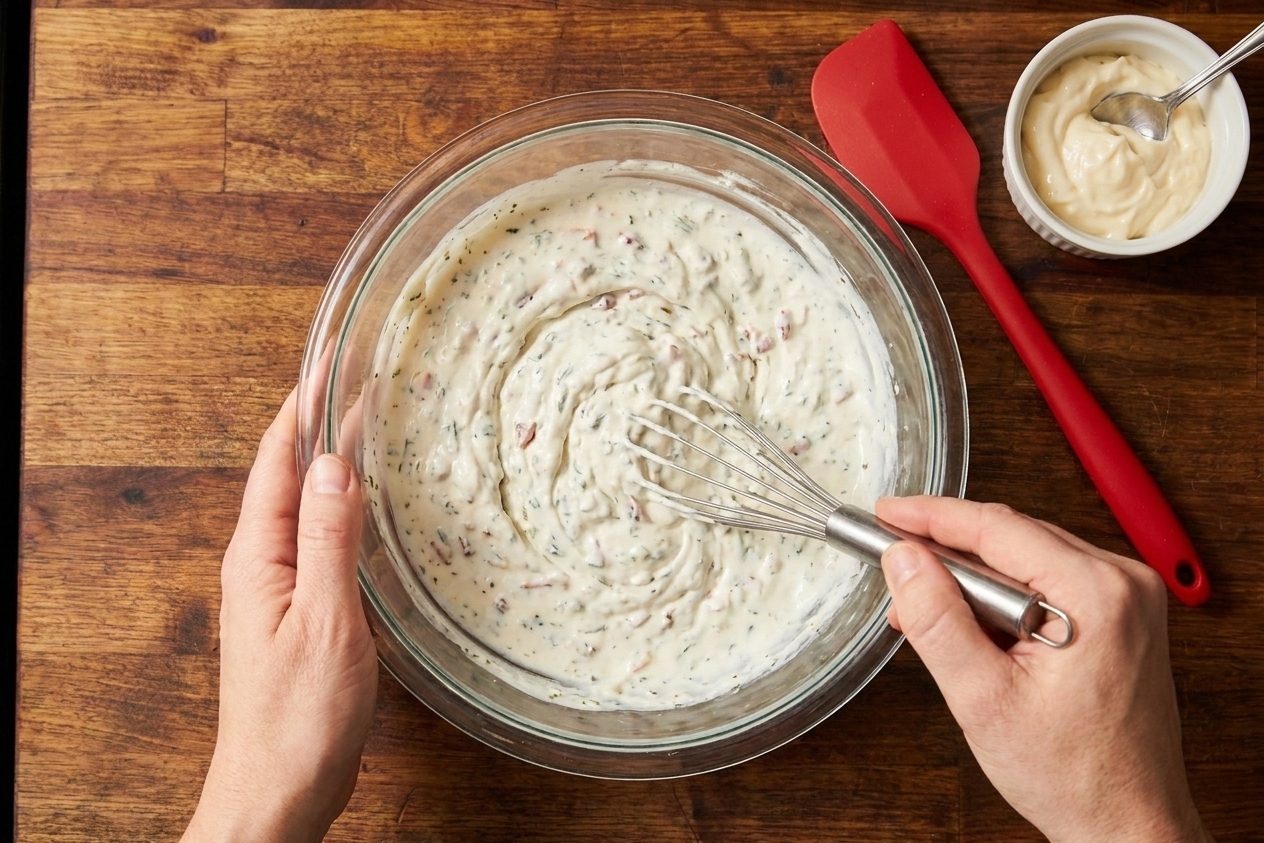 Hands whisking ranch dip in a clear glass mixing bowl with a silicone spatula nearby on a bright kitchen counter