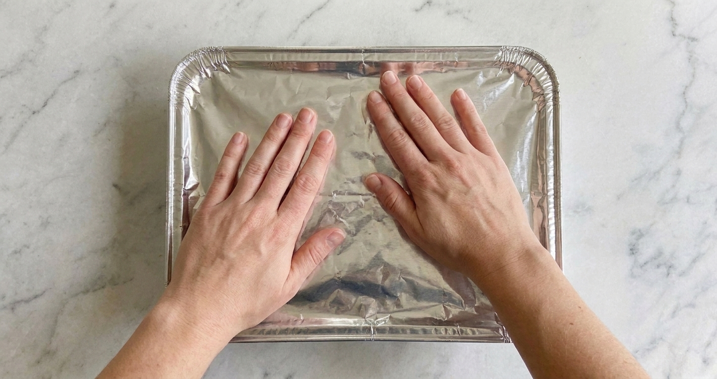 Hands wrapping a filled casserole dish tightly with foil on a kitchen counter