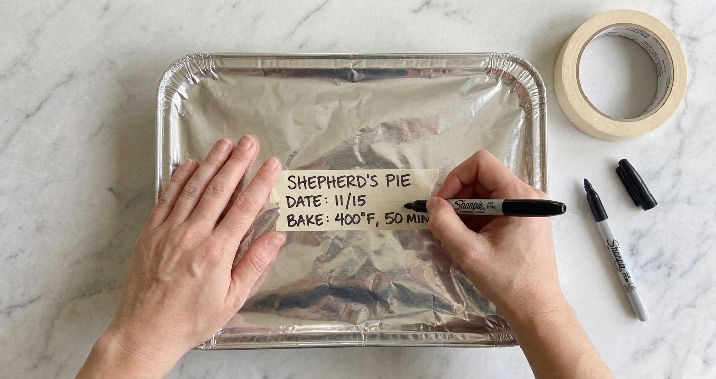 Hands writing labels on freezer meal containers on a kitchen counter with a marker and tape