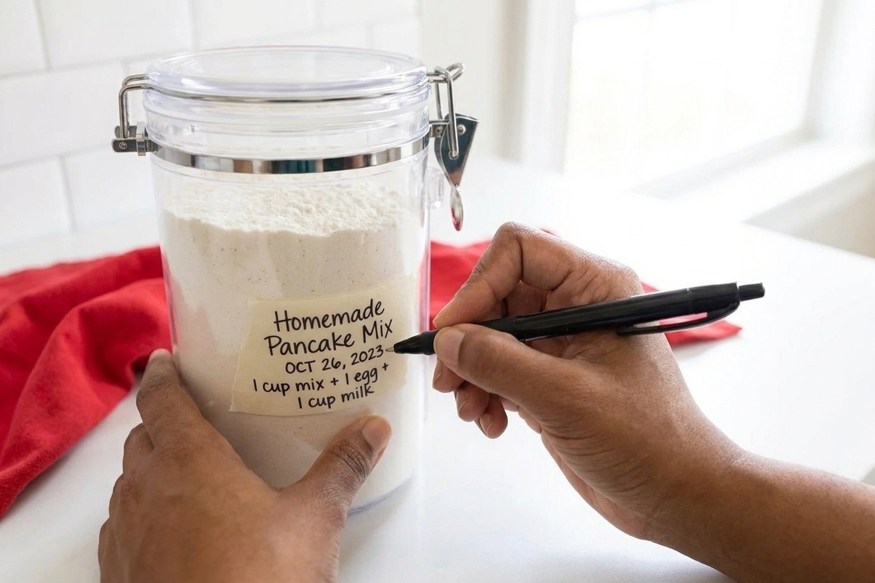 Hands writing the date and instructions on a small piece of tape stuck to a jar of homemade pancake mix on a kitchen counter