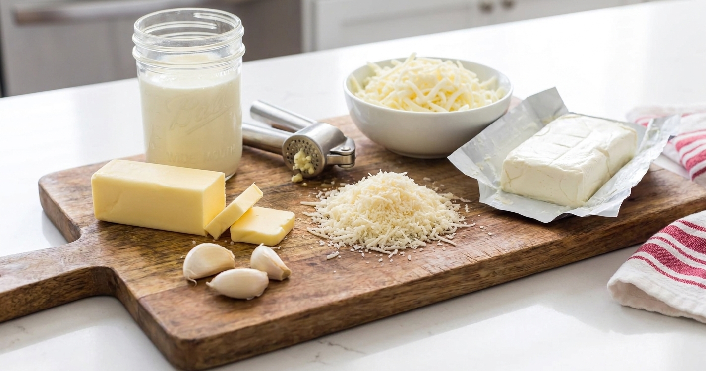 Heavy cream, butter, garlic cloves, grated Parmesan, shredded mozzarella, and cream cheese arranged on a wooden cutting board on a bright kitchen counter
