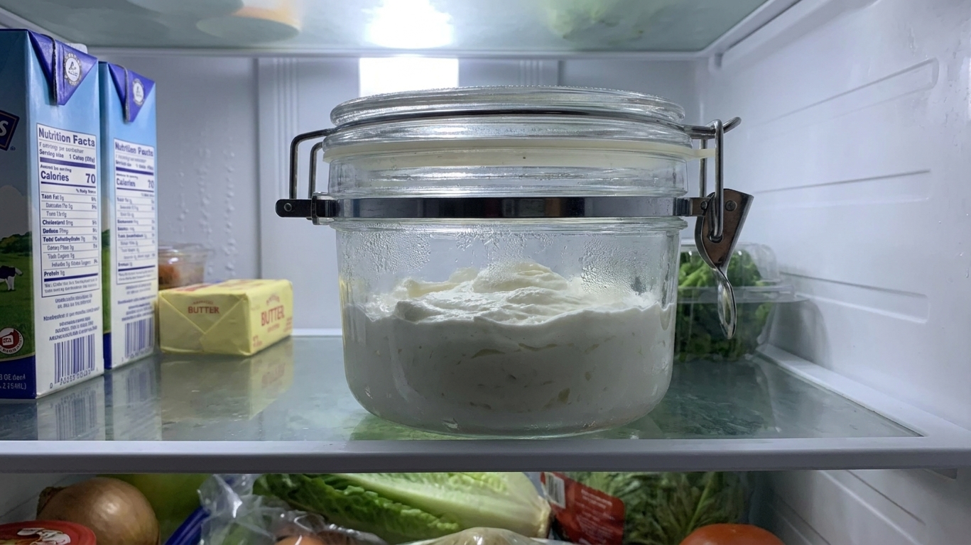 Homemade whipped cream stored in a glass airtight container in a refrigerator