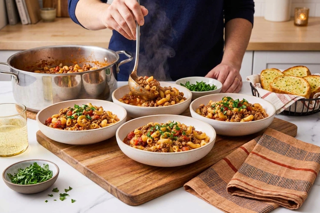 Hot American goulash ladled into white bowls and topped with parsley on a kitchen counter