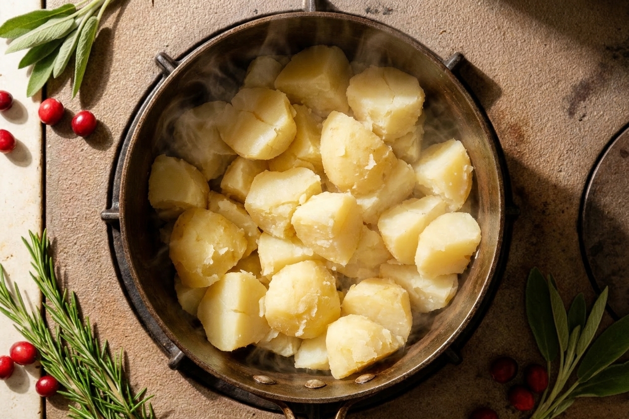 Hot drained potato chunks in a pot on the stove with steam rising as they dry for a minute